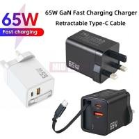 ราคา 65W GaN 3 พอร์ต USB C Quick Charger พร้อมสายแบบพับเก็บได้ PD Fast Charging สําหรับ 17/16/15/14/13/12 Pad แท็บเล็ต Samsung Type-C โทรศัพท์ Android Wall Super Fast Charger Travel Adapter (51855818111)
