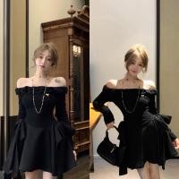 ราคา สุด ๆ สวย เดรสไหมพรมเปิดไหล่อิตาลีมีโบว์ทั้งสองด้านทรงบานหนา มีซับใน (ผูกโบว์ที่ถอด) (24690091370)