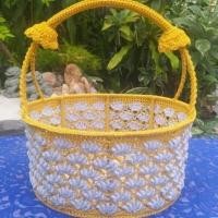 ราคา ตะกร้าถักมือ เชือกร่มดิ้นเงิน ทรงรูปไข่ ขนาดใหญ่ ลายกล้วย สีขาว-เหลือง (2565857690)