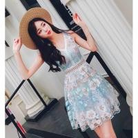 ราคา เดรสสีฟ้า ชุดไปงาน เดรสเกาหลี ชุดลูกไม้ออกงาน ชุดราตรี ซิบหลัง สีฟ้า M L XL (1691746165)