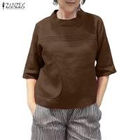 ราคา ZANZEA เสื้อยืนปักลายสำหรับผู้หญิง สไตล์เกาหลี มีกระเป๋าและทำจากผ้าฝ้ายผสมลินิน (29193886349)