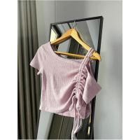 ราคา เสื้อแขนสั้นปาดไหล่ ผูกโบว์ สีม่วง (25843294857)