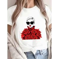ราคา ผู้หญิง เสื้อยืดพิมพ์ลายดอกกุหลาบสีดำและแดง แขนสั้น คอกลม สบายๆ ดีไซน์ดอกกุหลาบขาวและแดง สวมใส่สบายทุกฤดู สำหรับชุดลำลอง (52105648448)