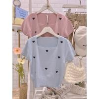 ราคา •E28•เสื้อยืดแขนสั้นไหมพรมลายหัวใจ ผ้านิ่ม (40618411448)