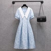 ราคา เดรสลายดอกสีฟ้าไซส์ใหญ่คอปกลูกไม้สีขาว (42908827588)