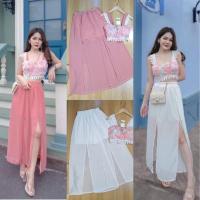 ราคา set 2 ชิ้น เสื้อชีฟองเสริมฟองน้ำสม้อกแผ่นหลัง แต่งขอบลูกไม้ ผ้า3D กุหลาบนูนสวย + กระโปรงผ่า มีซับในกางเกงด้านใน ผ้าชีฟอง (19421474844)