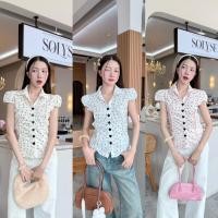 ราคา เสื้อคอปกแขนจั๊มกระดุมหัวใจผ้าลายจุด (42851722089)