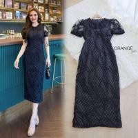 ราคา 3Dเดรสลูกไม้ดำสวยสง่า!!! S-5XL Maxi Dress เดรสสาวอวบ,เดรสสีดำแขนพองแต่งกริตเตอร์และดอกไม้สามมิติ งานป้าย Orange Juice (41061119343)