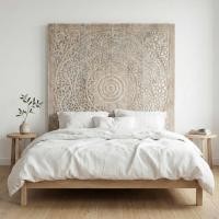 ราคา หัวเตียงไม้สักแกะสลัก ติดผนัง ลายซุ้มดอกไม้ สีขาวขัด 76 นิ้ว(193 ซม.) | Teak Carved Floral Headboard (40251639372)