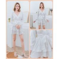 ราคา Jumpsuit จั๊มสูทขาสั้นแขนยาว ผูกโบว์หน้าหรือหลัง ผ้าซาติน (5735806384)