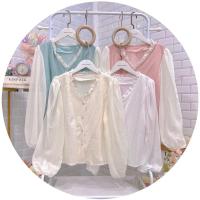 ราคา เสื้อแขนพองคอวีแต่งระบายกระดุมหัวใจ ป้ายstst A161 (25318671406)