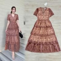 ราคา เดรสลูกไม้สีน้ำตาลออกงาน!!! S-4XL Maxi Dress เดรสขนมชั้น,เดรสสีน้ำตาลแขนสั้นผ้าลูกไม้ระบายชั้นๆ งานป้าย (56104343054)