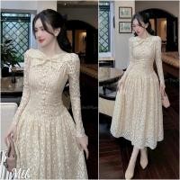 ราคา เดรสออกงานแขนยาวคอปกโบว์กระโปรงบานนู้ดสไตล์หรูหราผ้าลูกไม้เนื้อหนามีซับใน กม15 (56808039178)