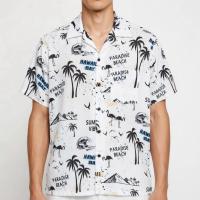 ราคา เสื้อเชิ้ตฮาวาย ลายต้นมะพร้าวกับนกฟามิงโก้ (พื้นสีขาว) ผ้าไหมอิตาลี (27337335540)
