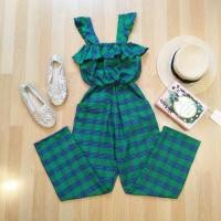 ราคา จั๊มสูทสายระบาย สม็อคอกและเอว ลายสก็อต ผ้าคอตตอนทอหนาเนื้อดี มีกระเป๋าข้าง (1265744224)