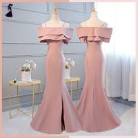 ราคา ชุดราตรี ชุดออกงาน ชุดไปงานแต่งงานสีชมพู เดรสยาวทรงสายเดี่ยวเปิดไหล่แต่งระบาย แนวเรียบหรู สวยหรูดูแพง (7279668872)