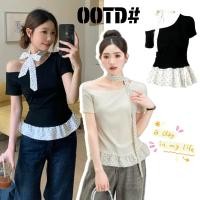 ราคา STR พร้อมส่งเสื้อยืดแขนสั้น เปิดไหล่ข้างเดียว เสื้อปาดไหล่ ดีเทลเย็บชายระบาย แถมโช้คเกอร์ ผ้าพันคอลายจุด สไตล์เกาหลี (44459458945)