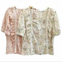 ราคา เสื้อคอเหลี่ยม ฉลุลายดอก ชีฟอง แขนสั้น (24819117978)