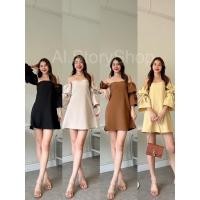 ราคา เดรสปาดไหล่แขนพอง ใส่ปาดไหล่หรือคลุมไหล่ได้ แต่งผูกโบว์ช่วงแขน (18981794601)