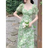 ราคา *ชุดเดรสชายหาดแฟชั่นสตรีผ้าชีฟองลายดอกไม้ฟองคอเหลี่ยมแขนพัฟสั้นเอวยางยืดเดรสผ่าหน้ายาว แมกซี่ (49058195688)
