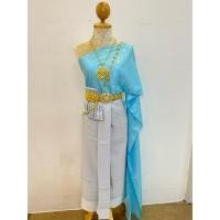 ราคา ชุดไทยสไบลายออเจ้าสีฟ้า แมตท์กระโปรงไหมทอพริ้วสีเทา สวยสง่างาม (27466359093)