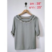 ราคา เสื้อสีเทาผ้าย่น แต่งระบายบริเวณคอเสื้อและปลายแขน (17843743855)