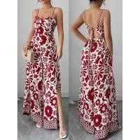 ราคา Elegant Twist Front Floral Print Back-Tie Detail Jumpsuit - Spaghetti Strap V Neck Backless Wide Leg Romper Pants High Slit (43162872392)