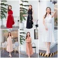 ราคา แม็กซี่เดรสอัดพลีทแขนกุด เดรสอัดพลีทแขนกุดผูกคอ (23833902686)