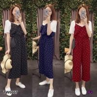 ราคา Set 2 ชิ้น เสื้อแขนสั้นสีขาว +เอี๊ยมจั้มสูทสายเดี่ยวขายาว เนื้อผ้าโฟร์เวย์ แต่งลายจุดทั้งชุด (5300651838)