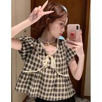 ราคา ฤดูร้อนใหม่สไตล์เกาหลีย้อนยุคลายสก๊อตฟองลูกไม้หวานลูกไม้ตุ๊กตาเสื้อด้านบน (27671753079)