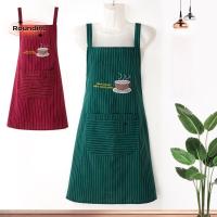 ราคา ROUNDIN ผู้หญิงโดยรวมผ้ากันเปื้อน, Simple Stripe Cotton Kitchen ผ้ากันเปื้อน, แฟชั่นนาฬิกาทําอาหารแขนกุด Anti oil Work Uniform (50708404399)