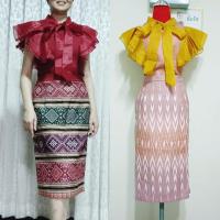 ราคา ป้าย Chalita เซ็ตเสื้อแขนระบายผ้าแก้ว พร้อมกระโปรงสั้นลายไทยแดง (25965576938)