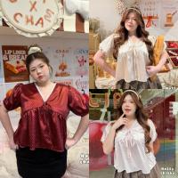 ราคา NC เสื้อคอวีแต่งลูกไม้ ผ้าซาตินลายจุด ทรงระบายพรางหุ่น ไซส์ใหญ่ สาวอวบ (53502424783)