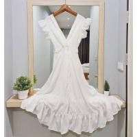 ราคา ส่งต่อเดรสยาวแฟชั่นสีขาวสวยๆ ผ้าพลิ้วๆสไตล์วินเทจ เสื้อผ้ามือสอง (1767611987)