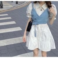 ราคา ชุด เดรสยีนส์พร้อมเสื้อเชิ้ตแขนพัฟสีขาวและสายเดี่ยวคล้องคอ/เดรสยีนส์ขาบานสีขาวพร้อมสายเดี่ยว (43408818867)
