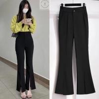 ราคา กางเกงขาบานเอวสูงผ่าหน้าผ้าสีดําแบนลง สุด ๆ แบน กางเกงขายาวขาบานเอวสูง 1 ปุ่ม (41708830283)