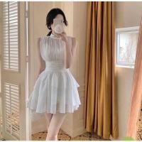 ราคา เดรสสั้นแขนกุดคอปีนผ้าชีฟองขาวกระโปรงระบายเฉียง (24977455100)