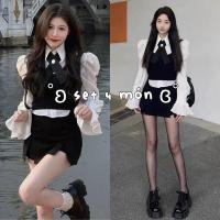 ราคา เซ็ต 4 รายการ / เสื้อเชิ้ตแขนระบายพร้อมเสื้อกั๊กรวมกระโปรงทรงเอ+โชคเกอร์พลอยเทียม (25677974206)