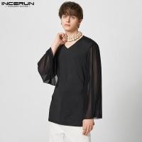 ราคา Incerun เสื้อยืดแฟชั่นผู้ชาย คอวี แขนยาว ผูกเชือก (23538050722)