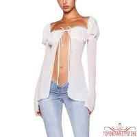 ราคา Topone-women Split Tie See Through Frill Trim Square Neck Long Puff Sleeve Mesh Tops (27419279953)