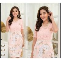 ราคา เดรสลูกไม้ เดรสสาวอวบ ผสมผ้าพิมพ์ลาย แต่งโบว์ช่วงเอว สีชมพู (25305918064)
