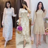ราคา M-XL ชุดเดรสลูกไม้โทนสีครีมทอง แขนยาว #ชุดทำบุญ #ชุดราตรี ใส่ไปงานแต่ง งานบุญ งานบวช (23351961089)
