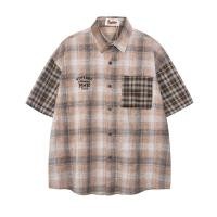 ราคา American Niche Fashion Brand Design Splicing Plaid Shirt Men's Summer Street Retro Loose Casual Hal (29123266116)