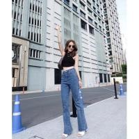 ราคา กางเกงยีนส์ปลายขาม้าแต่งชายขารุ่ย สีเข้ม size s สี dark blue (15071361846)