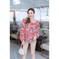 ราคา เสื้อปักฉลุลายดอกคอเหลี่ยมสีแดง (4470825773)