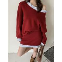 ราคา ❤️ Knit Rim Stripe Slant OFS Long Sleeve Top&Short Skirt Set (44901770657)