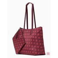 ราคา แท้!! 100% กระเป๋าสะพายไนลอน Kate spade Mel packable tote ลายจุดชมพู สีแดงเข้ม Blackberry ใหม่ (23842239615)