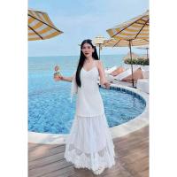 ราคา เดรสสายเดี่ยวปลายลูกไม้สีขาว+สายผูกคอดอกไม้สีขาว (24846729716)
