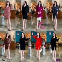 ราคา MM11672 เดรสกำมะหยี่อกไขว้ Velvet dress with cross chestDDress เดรสป้ายหน้าอกไขว้ แขนยาว ผ่าชายด้านห (23268097233)