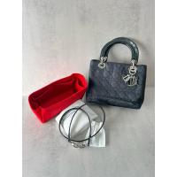 ราคา ของแท้ มือสอง Lady Dior Medium Black Nylon & Patent Leather SHW (22889629550)